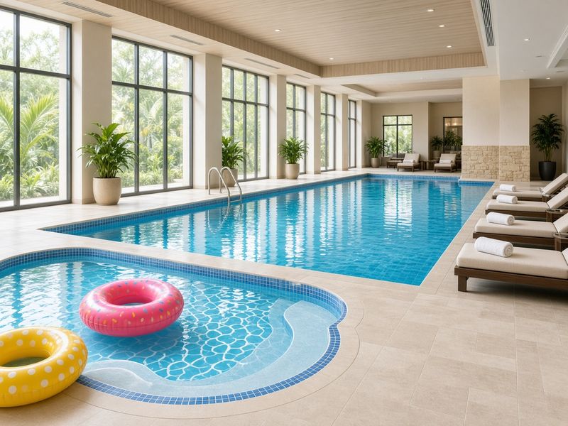 Illustrative AI image: a hotel indoor pool with a shallow kids' splash area and swim rings in the foreground