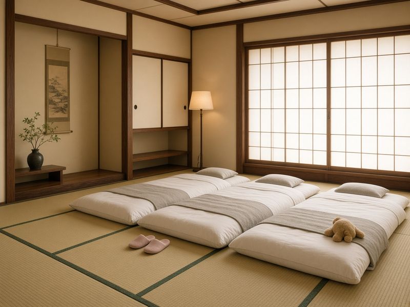 Illustrative AI image: a Japanese tatami room with four futons laid side by side, a teddy bear on one pillow and shoji screens behind